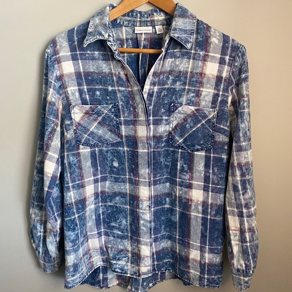 Tribal Jeans Women's Blue Acid Wash Plaid Long‎ Sleeve Button Up Shirt Size Med